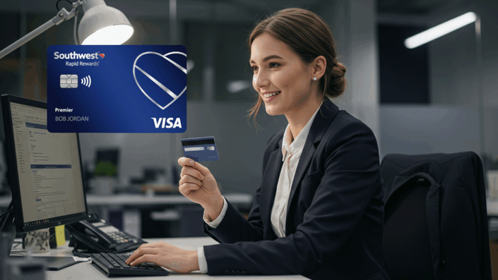 Smiling woman in business attire holding a credit card while working on a desktop computer in an office, with a Southwest Rapid Rewards Premier Visa credit card displayed in the foreground.