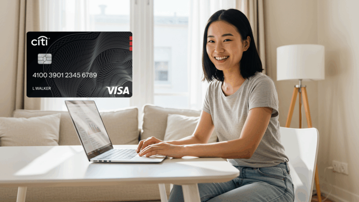 A smiling woman wearing a grey t-shirt and jeans is sitting at a white table using a laptop in a bright, modern room. In the upper left corner, there is a graphic of a Citi Visa credit card with the name L Walker.