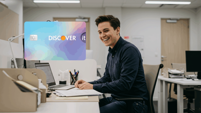 A young man laughing while seated at an office desk with papers and a laptop, with a Discover it credit card image overlaid on the left side.