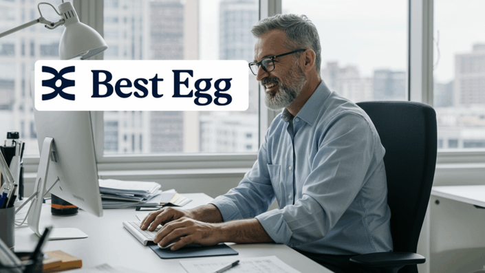 A smiling older man with gray hair and beard, wearing glasses and a blue shirt, working on a desktop computer in a bright office with a city view, with the Best Egg logo overlaid on the left side.