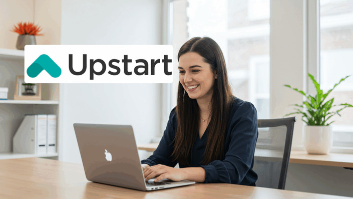 Smiling woman working on a laptop at a desk, with the Upstart logo shown prominently in the foreground.