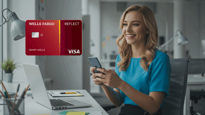 Smiling woman in a blue blouse using her smartphone at a desk, with a Wells Fargo Reflect Visa credit card displayed prominently in the foreground.