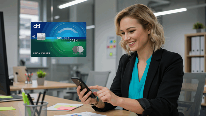 Professional woman smiling while checking her smartphone in a tidy office, with a Citi Double Cash Mastercard shown beside her.