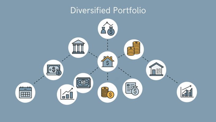 Graphic of a diversified investment portfolio pie chart, a key strategy to avoid critical Retirement Planning Mistakes.