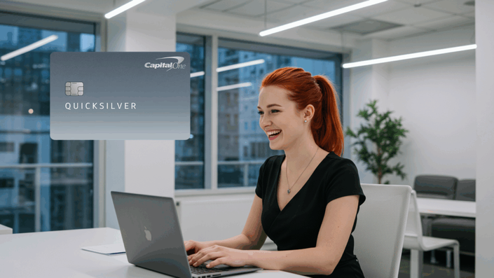 Smiling woman working on a laptop in a bright office, with a Capital One Quicksilver credit card graphic displayed — promoting easy access to the Quicksilver card for professionals.