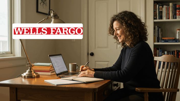Woman writing in a notebook at a desk with a laptop, with the Wells Fargo logo shown prominently in the foreground.